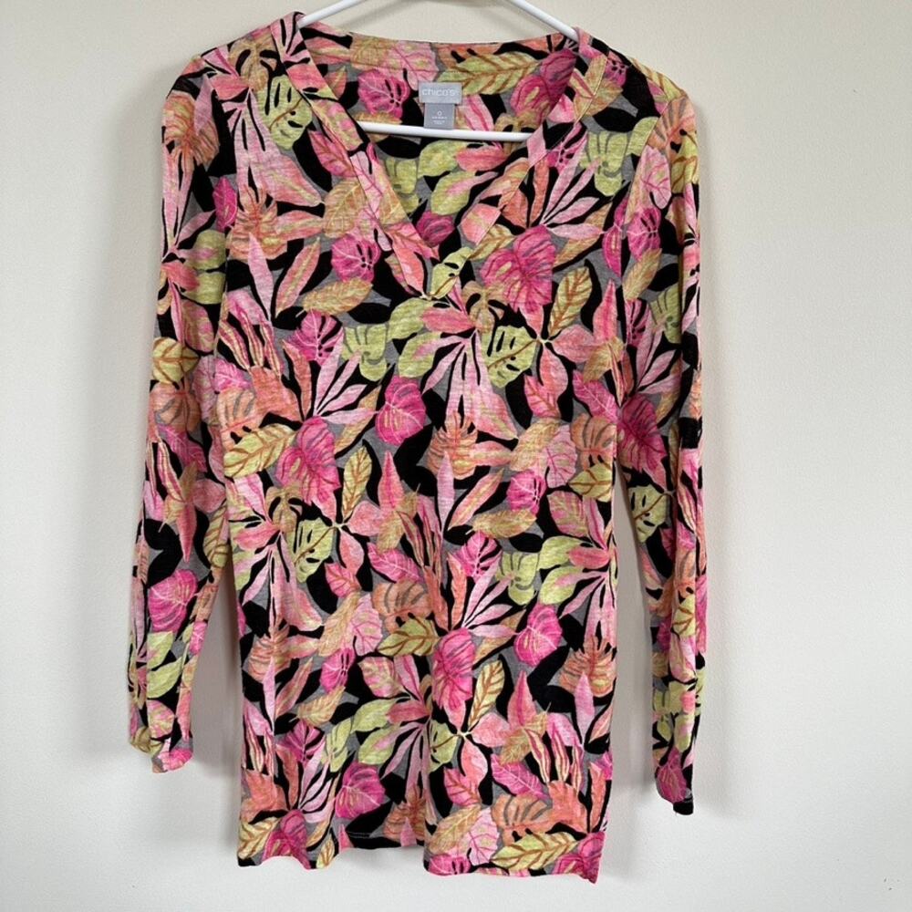 Chicos Tunic Womens XS Linen Summer Tropical Floral Colorful Long Sleeve Top